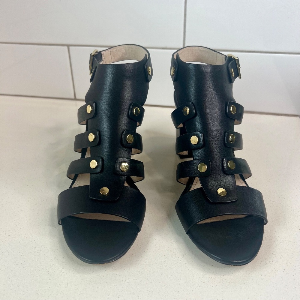 Louise et Cie Lo-Vira black leather sandals, tortoise color block heel - Picture 3 of 15